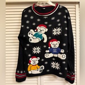 Vintage Christmas Festive Holiday Black Sweater Santa Bear Design Women’s Large